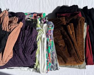 Various women’s pants, skirts, and other bottoms.
