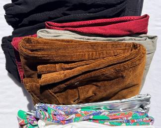 Various women’s pants, skirts, and other bottoms.