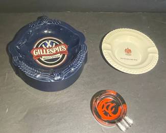 Gillespies Malt Stouts Ashtray, Red Carnation Ball 1970 Ashtray, and Dragon Graphic Ashtray