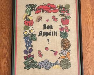 Vintage "Bon Appétit" Framed Cross-Stitch Art