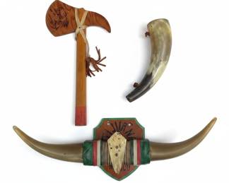 Decorative Toy Set: Faux Tomahawk, Animal Horn, and Mounted Bull Horns