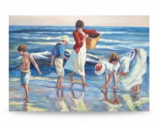 Children on the Beach Oil Painting Signed