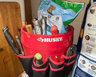 Husky Red Bucket Jockey with Gardening Supplies