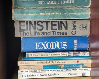 Collection of Assorted Books on Science, History, and Fishing, including notable titles by Stephen Hawking and James Prosek