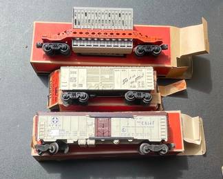 Lionel "The Chief" Streamliner Box Car, Frisco Box Car, and Allis-Chalmers Flat Car with Container