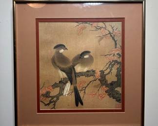 Chinese Painting of Two Crested Birds on a Branch