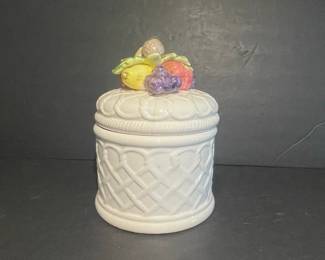 White Ceramic Basketweave Jar with Fruit Lid