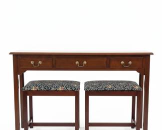 Vintage Wood Console Table & Upholstered Stools