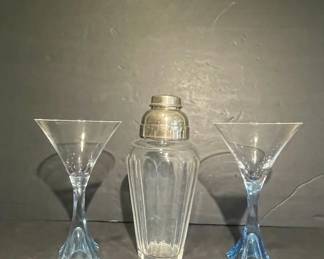 Art Deco Cocktail Shaker and Blue Faceted Stem Martini Glasses