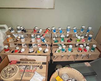 Grumbacher Oil and Liquitex Acrylic Paint Collection with Wooden Racks