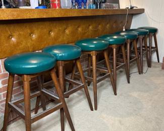 Vintage Green Upholstered Wooden Bar Stools