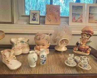 Vintage Ceramic Baby Head Planter and Figurines