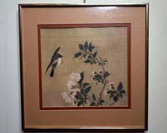 Vintage Chinese Watercolor Painting on Silk of Bird and Blossoms