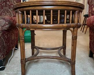 Ethan Allen Rattan and Wood Round End Table