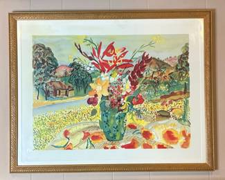 Alexandre Minguet Watercolor Landscape with Floral Still Life