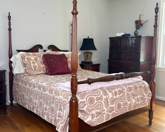 Mahogany Rice Carved Four-Poster Bed Frame