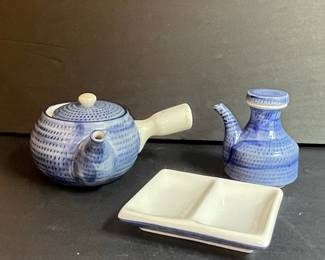 Pier 1 Blue & White Woven Pattern Teapot, Sauce Boat, and Tray Set