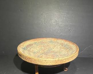 Footed Ceramic Pedestal Dish with Incised Decoration