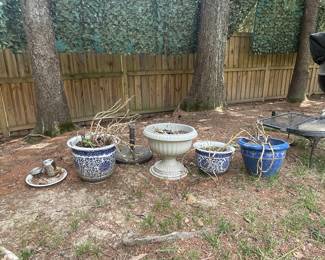 Chinoiserie and Blue Ceramic Planters with Composite Urn