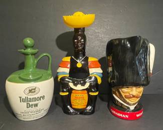 Tullamore Dew Irish Whiskey Jug, Old Oak Rum Limbo Drummer Bottle, and Canadian Whisky Decanter