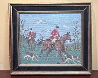 Framed Fox Hunting Needlepoint Art