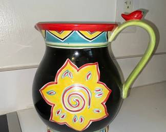 Hand-Painted Talavera Style Ceramic Pitcher with Floral and Bird Motif
