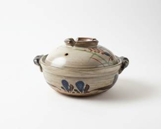 Japanese Donabe Earthenware Pot with Blue Floral Motifs