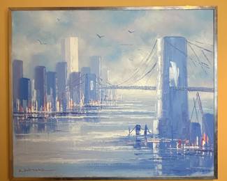 Impressionist Cityscape with Bridge Painting Signed