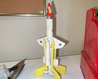 Vintage Tin Rocket Toy with Figure