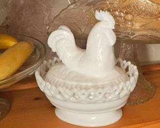 Rare Milk Glass Rooster on a nest