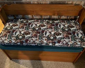 Deacon-style wooden storage bench with alternate Christmas-themed cushion.