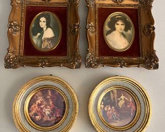 Two Cameo Creations framed miniature portraits; two vintage Italian Florentine framed prints.
