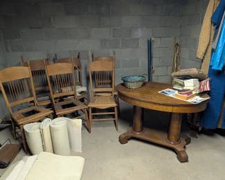 6 Striped Chairs, two have caning, four no caning, Library table(heavy)