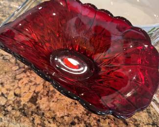 red glass, depression glass bowl, centerpiece