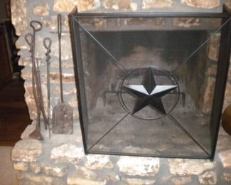 Fireplace screen and old tools