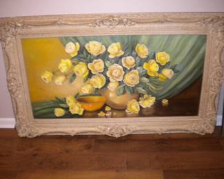 Large yellow roses on oil vintage