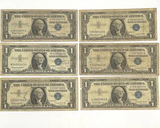 Six 1957 B $1 Silver Certificates