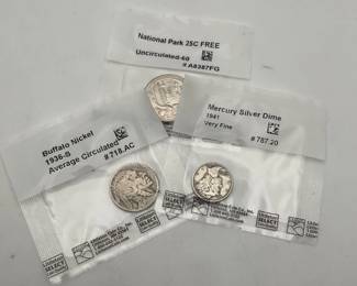1936-S Buffalo Nickel, 1941 Mercury Dime and 2019 National Park Quarter