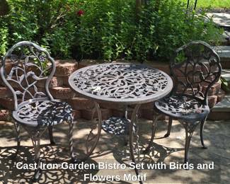 Cast Iron Garden Bistro Set with Birds and Flowers Motif