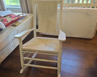 White Cracker Barrel Rocking Chair with Woven Seat