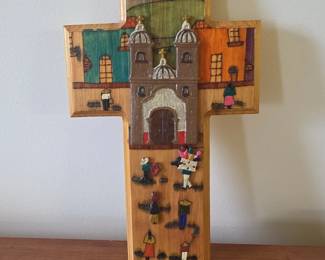 HandPainted Wooden Cross with Village Scene El Salvador