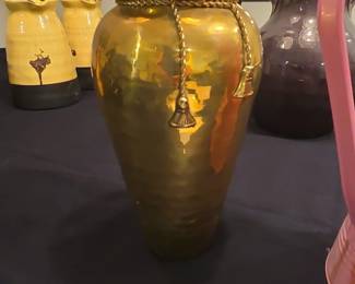 Vintage Hammered Brass Vase with Braided Cord and Bell Charms
