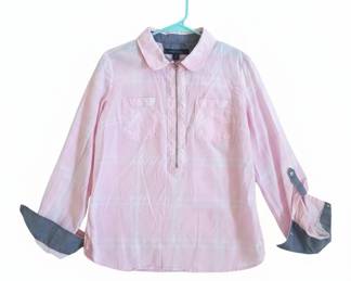 Tommy Hilfiger Womens Pink Collared ZipUp Shirt with Grey Cuffs