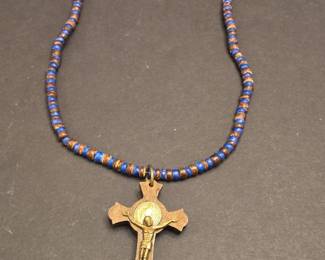 Vintage Wooden Beaded Necklace with St. Benedict Crucifix Pendant