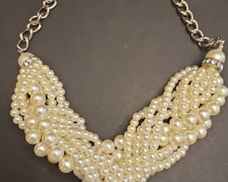 MultiStrand Faux Pearl Necklace with Rhinestone Clasp
