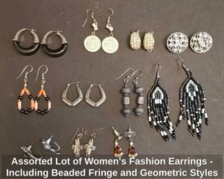 Assorted Lot of Womens Fashion Earrings Including Beaded Fringe and Geometric Styles