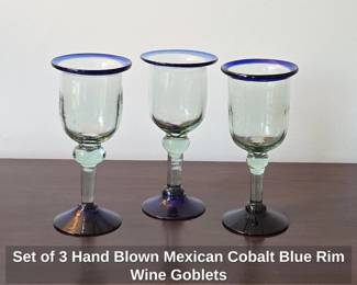 Set of Hand Blown Mexican Cobalt Blue Rim Wine Goblets