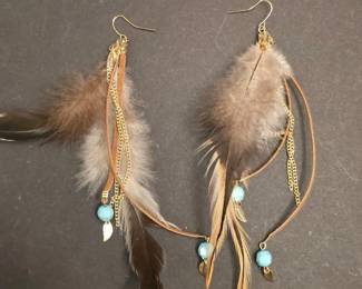 Boho Feather and Turquoise Dangle Earrings