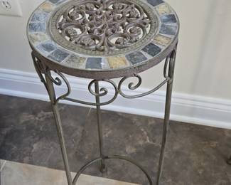 Mosaic Top Plant Stand with Ornate Cast Metal Insert