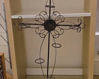 Wrought Iron Cross Plant Stand with Floral Medallion